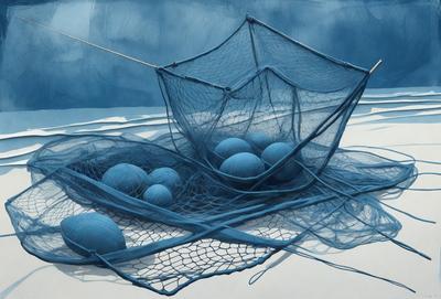 The primary subject of the image is a blue net filled with blue balls. The setting is a white surface, possibly a wall or a canvas. The visual style appears to be a painting or a drawing, as the net and balls are depicted in a more artistic manner than a photograph. The colors and mood of the image are predominantly blue, creating a calm and serene atmosphere.