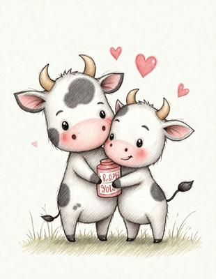 The image features two cows standing next to each other in a grassy field. One cow is holding a jar of milk, which is a prominent feature in the scene. The cows appear to be smiling, adding a friendly and warm atmosphere to the image. The setting is a pastoral environment, with the cows being the main subjects of the picture. The visual style is a combination of drawing and illustration, creating a charming and inviting scene.