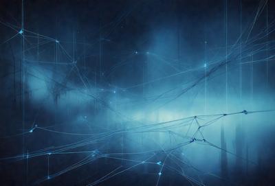 The primary subject of the image is a blue, cloudy sky filled with a dense network of lines and shapes. The setting is a dark, cloudy night, creating a moody atmosphere. The visual style is a combination of digital art and illustration, with the lines and shapes resembling a network or a web. The colors are predominantly blue, creating a sense of depth and mystery in the scene.