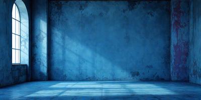 The primary subject of the image is a blue wall with a shadow cast on it. The setting is a room with a blue wall, and the visual style appears to be a photo. The dominant colors are blue and white, creating a calm and serene atmosphere.