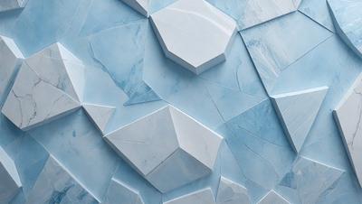 The primary subject of the image is a blue wall with a pattern of white triangles. The setting is a room with a blue background, and the visual style appears to be a combination of digital art and illustration. The dominant colors are blue and white, creating a calm and soothing atmosphere.