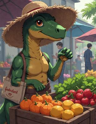 The primary subject of the image is a cartoon dinosaur, specifically a green alligator, wearing a straw hat and holding a basket of fruit. The setting is a marketplace, with several people visible in the background. The visual style is a cartoon or comic illustration, giving the image a lighthearted and fun atmosphere. The dominant colors are green, yellow, and orange, which are the colors of the dinosaur, the fruit, and the straw hat.
