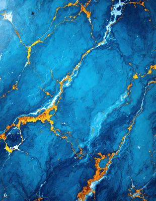 The primary subject of the image is a blue marble wall with yellow streaks. The setting is a room with a blue marble floor. The visual style is a close-up of the marble wall, showcasing its unique texture and color. The dominant colors are blue and yellow, creating a striking and visually appealing atmosphere.