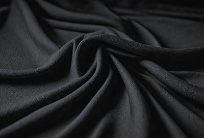 The primary subject of the image is a black fabric, which is the main object, scene, or focus of the image. The setting or background is a dark surface, and the visual style is a close-up of the fabric. The colors and mood of the image are predominantly dark, with the black fabric being the dominant color.