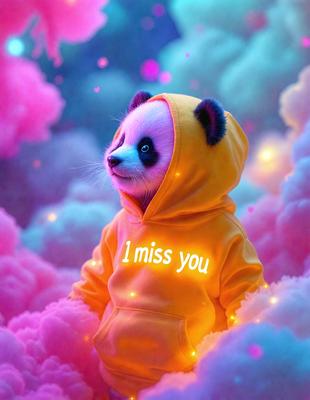 The primary subject of the image is a panda bear wearing a yellow hoodie. The setting is a cloudy background, and the visual style appears to be a digital art or illustration. The dominant colors in the image are yellow and pink, creating a warm and cheerful atmosphere.