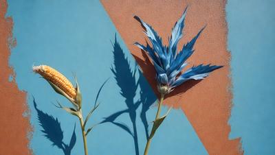The primary subject of the image is a blue flower, which is placed on a red wall. The setting is a wall with a blue and red color scheme, and the visual style appears to be a photo. The dominant colors in the image are blue and red, creating a vibrant and lively atmosphere.