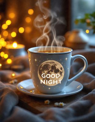 The primary subject of the image is a white coffee cup with a moon design on it. The cup is placed on a wooden table, and there are two candles in the background, one on the left and one on the right. The visual style of the image is a combination of photo and digital art, creating a cozy and warm atmosphere. The colors and mood of the image are predominantly white and warm, with the moon design adding a touch of whimsy to the scene.