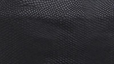 The primary subject of the image is a close-up of a black leather material. The setting is a dark background, which contrasts with the leather material. The visual style is a close-up of the leather, showcasing its texture and pattern. The colors and mood of the image are predominantly dark, with the black leather material being the main focus.