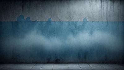 The primary subject of the image is a painting of a city skyline, with a blue ocean in the background. The setting is a wall with a painting of a city skyline and ocean. The visual style is a painting, and the colors and mood are predominantly blue, creating a serene and calming atmosphere.