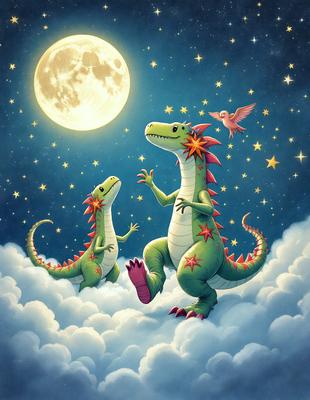 The primary subject of the image is a cartoon dinosaur, specifically a green and red lizard, standing on a cloud. The setting is a night sky with a moon visible, creating a serene and whimsical atmosphere. The visual style is a digital art or illustration, showcasing the dinosaur in a playful and imaginative manner. The colors and mood are predominantly green and red, with the cloud adding a soft, fluffy texture to the scene.