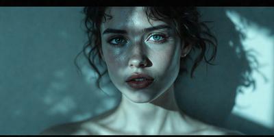 The primary subject of the image is a woman with long hair, who is looking at the camera. She has a pouty lip and is wearing makeup. The setting is a dark room, and the visual style is a close-up of the woman's face. The colors in the image are predominantly dark, creating a moody atmosphere.