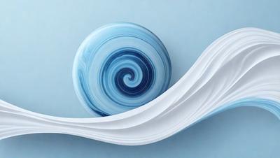 The primary subject of the image is a blue spiral ball, which is the main object in the scene. The setting is a blue background, and the visual style appears to be a digital art or illustration. The dominant colors in the image are blue and white, creating a calm and soothing atmosphere.