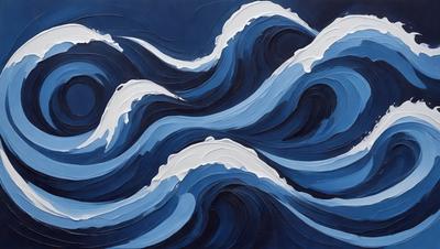 The primary subject of the image is a painting of a wave, featuring a blue ocean with white foam. The setting is a blue background, and the visual style is a painting, which gives the image a more artistic and creative appearance. The dominant colors are blue and white, creating a serene and calming atmosphere.
