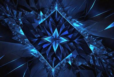 The primary subject of the image is a blue and white geometric pattern, which appears to be a digital art or illustration. The setting is a dark blue background, which contrasts with the bright blue and white pattern. The visual style suggests that the image is a creative and artistic representation of a geometric shape. The colors and mood of the image are predominantly dark and moody, with the blue and white pattern providing a sense of depth and complexity.