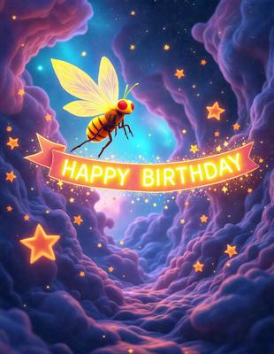Happy Birthday: [The main object, scene, or focus of the image is a birthday card with a yellow and black dragonfly on it, flying in front of a purple and blue background.]

Setting/background: [The environment, backdrop, or surface visible in the image is a purple and blue background with stars.]

Visual style: [The image is a digital art or illustration.]

Colors and mood: [The dominant colors are yellow, black, purple, and