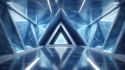 The primary subject of the image is a large, blue, three-sided triangle. The setting is a room with a blue marble floor, and the visual style appears to be a digital art or illustration. The dominant colors are blue and white, creating a calm and serene atmosphere.