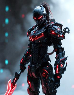The primary subject of the image is a futuristic robot with a sword in its hand. The robot is the main focus of the image, and it is depicted in a digital art style. The setting is a dark, futuristic environment, with the robot standing in front of a cloudy sky. The colors and mood of the image are predominantly dark and mysterious, with the robot's red and black color scheme adding a touch of danger and intensity to the scene.