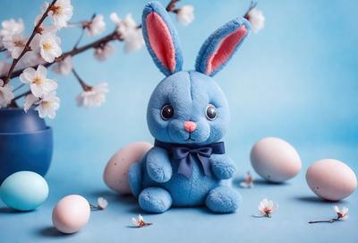 The primary subject of the image is a blue stuffed bunny rabbit. The setting is a blue background, and the visual style is a photo. The colors and mood of the image are predominantly blue, creating a calm and soothing atmosphere.