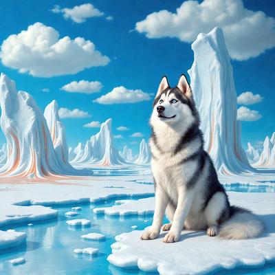 The primary subject of the image is a dog, specifically a husky, sitting on a snow-covered surface. The setting is a snowy landscape with a frozen lake and a mountainous background. The visual style is a digital art or illustration, creating a vivid and realistic representation of the dog and its surroundings. The colors and mood of the image are predominantly cold and wintry, with the white snow and blue water creating a serene and peaceful atmosphere.