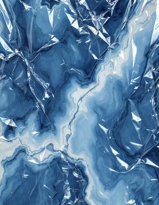 The primary subject of the image is a blue and white marble-like surface, which appears to be a patterned or textured material. The setting is a blue background, which complements the blue and white colors of the marble-like surface. The visual style of the image is a combination of photo and digital art, creating a unique and intricate design. The colors and mood of the image are predominantly blue and white, giving it a calm and serene atmosphere.