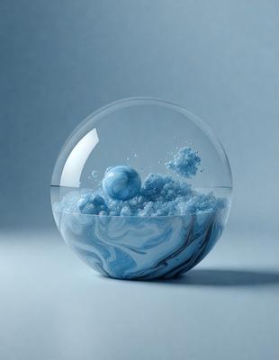 The primary subject of the image is a blue glass bowl filled with blue and white balls. The setting is a white background, and the visual style is a photo. The dominant colors and overall atmosphere are blue and white, creating a calm and serene mood.