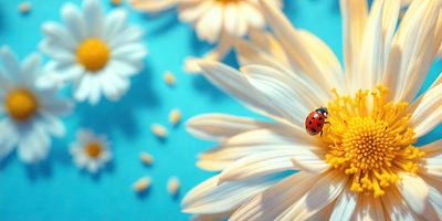 The primary subject of the image is a ladybug sitting on a white flower. The setting is a blue background, which adds a vibrant and lively atmosphere to the scene. The visual style is a close-up of the ladybug on the flower, showcasing the intricate details of the insect and the flower. The colors and mood of the image are predominantly white and blue, creating a sense of calmness and serenity.