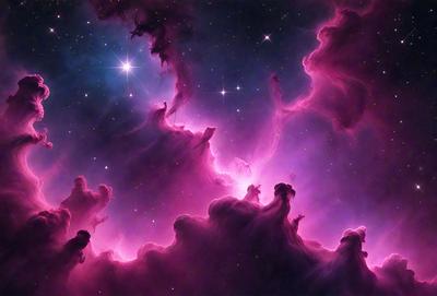 The primary subject of the image is a purple nebula with a pink hue, surrounded by a starry background. The visual style appears to be a digital art or illustration, creating a surreal and dreamy atmosphere. The colors and mood of the image are predominantly purple and pink, with a hint of blue, giving the impression of a celestial wonderland.