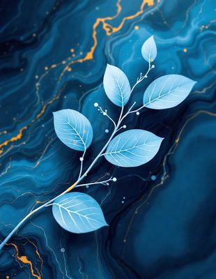 The primary subject of the image is a branch with leaves, which is the main object in the scene. The setting is a blue background, which adds a vibrant and calming atmosphere to the image. The visual style is a combination of digital art and illustration, creating a unique and artistic representation of the branch with leaves. The colors and mood of the image are predominantly blue, which evokes a sense of tranquility and serenity.