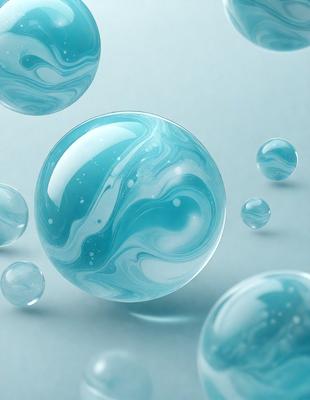 The primary subject of the image is a large, blue, swirling glass ball. The setting is a white background, which provides a clean and minimalist appearance. The visual style is a combination of photo and digital art, creating a unique and eye-catching image. The dominant colors are blue and white, giving the scene a calming and serene atmosphere.