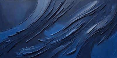 The primary subject of the image is a painting of a blue ocean with waves. The setting is a dark blue background, which creates a dramatic and moody atmosphere. The visual style is a painting, which showcases the artist's skill in capturing the ocean's movement and depth. The colors and mood are predominantly dark blue, which adds to the painting's dramatic and intense feel.