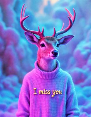 The primary subject of the image is a deer with a sweater on, standing in a purple and blue environment. The deer appears to be wearing a sweater that says "I miss you." The setting is a snowy, icy landscape, which adds to the overall atmosphere of the image. The visual style is a combination of photo and digital art, creating a unique and eye-catching scene.