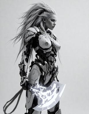 The primary subject of the image is a woman with long hair, dressed in a futuristic outfit. She is holding a sword, which is the main object in the scene. The setting is a white wall, and the visual style is digital art. The colors in the image are predominantly white, giving it a clean and modern appearance. The overall mood of the image is one of strength and power, as the woman is portrayed as a warrior or a character from a science fiction story.