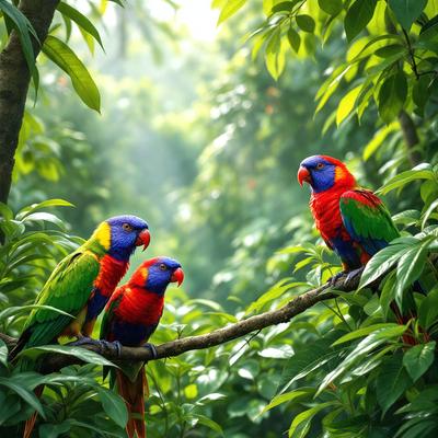 The image features three colorful birds perched on a tree branch. The birds are sitting close to each other, creating a sense of unity and companionship. The primary subject of the image is the birds, and the setting is a lush green forest with trees and leaves surrounding them. The visual style of the image is a photo, capturing the birds in their natural habitat. The colors and mood of the image are vibrant and lively, with the birds' vivid colors contrasting beautifully against the greenery of the
