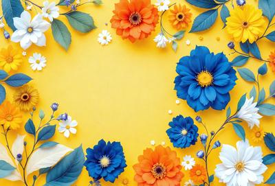 The primary subject of the image is a bouquet of flowers, which are displayed in various colors, including blue, orange, and white. The flowers are arranged in a pattern, creating a visually appealing composition. The setting is a yellow background, which provides a vibrant contrast to the flowers. The visual style of the image is a combination of photo and digital art, resulting in a realistic yet artistic representation of the flowers. The colors and mood of the image are lively and cheerful, with the blue flowers adding