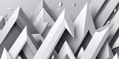 The primary subject of the image is a mountainous landscape, featuring a series of white, triangular shapes that resemble a mountain range. The setting is a white background, which contrasts with the shapes, creating a visually striking scene. The visual style is a combination of digital art and illustration, as the shapes are intricately crafted and detailed. The colors and mood of the image are predominantly white, giving it a clean and minimalist appearance.