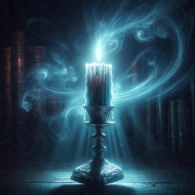 The primary subject of the image is a lit candle placed on a metal stand. The setting is a dark room with a blue glow, creating a mysterious atmosphere. The visual style is a digital art, with the candle and its surroundings appearing as if they are floating in the air. The colors and mood are predominantly dark and moody, with the blue glow adding a touch of mystique to the scene.
