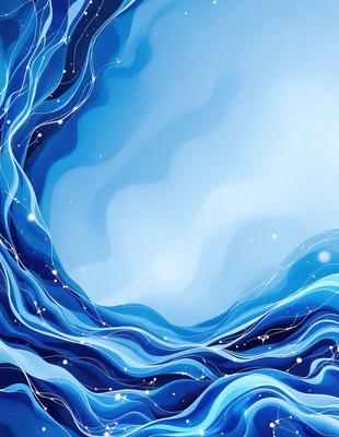 The primary subject of the image is a blue ocean with a white and blue sky in the background. The visual style is digital art, and the colors and mood are serene and calming.
