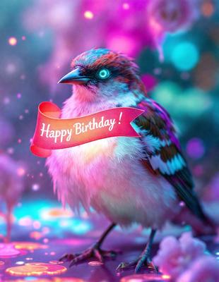 The primary subject of the image is a small bird with a pink ribbon around its neck. The bird is standing on a pink background, which adds a vibrant and cheerful touch to the scene. The visual style of the image is a combination of photo and digital art, creating a unique and eye-catching representation of the bird. The colors and mood of the image are predominantly pink, which gives it a warm and celebratory atmosphere, perfect for a birthday celebration.