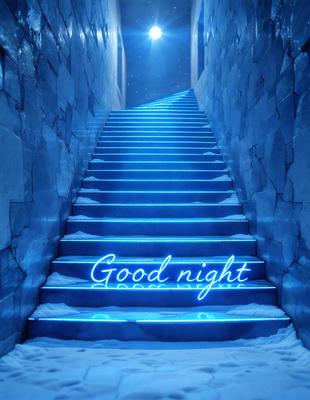 Good Night: [The main object, scene, or focus of the image is a staircase with a blue light illuminating it. The setting is a dark room, and the visual style is a digital art or illustration. The dominant colors are blue and white, creating a calm and serene atmosphere.]