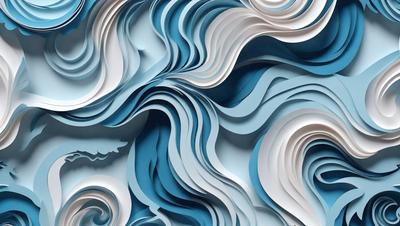 The primary subject of the image is a large, intricate, and colorful paper sculpture of a wave. The sculpture is made up of various pieces of paper, creating a visually striking and artistic representation of the ocean. The setting is a blue background, which complements the vibrant colors of the paper wave. The visual style of the image is a combination of digital art and illustration, showcasing the artist's skill in crafting a realistic and captivating representation of the ocean using paper as the