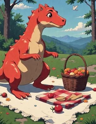 The primary subject of the image is a cartoon dinosaur sitting on a blanket in a field. The dinosaur is holding a basket filled with fruit, including apples and oranges. The setting is a lush green field with trees in the background. The visual style is a cartoon illustration, and the colors are vibrant and lively, creating a cheerful and playful atmosphere.