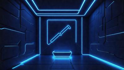The primary subject of the image is a large, blue bowl. The bowl is placed in a room with a blue and neon-lit environment. The setting appears to be a futuristic or modern space, with a blue and neon-lit room. The visual style of the image is digital art, as it is a computer-generated or digitally created image. The dominant colors in the image are blue and neon, creating a futuristic and modern atmosphere.