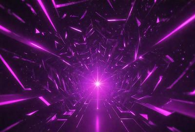 The primary subject of the image is a purple tunnel with a bright light at the end. The setting is a dark, purple space with a starry background. The visual style is a digital art or illustration, creating a futuristic and surreal atmosphere. The dominant colors are purple and pink, with the bright light adding a contrasting element to the scene.
