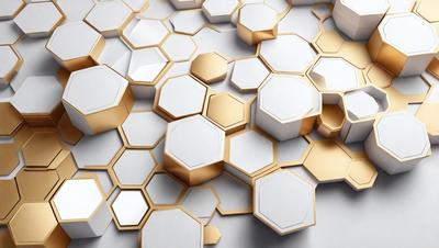 The primary subject of the image is a close-up of a pattern made up of hexagons, which are arranged in a honeycomb-like structure. The setting is a white background, and the visual style appears to be a combination of digital art and illustration. The dominant colors in the image are white and gold, creating a clean and elegant appearance. The overall atmosphere of the image is one of intricacy and sophistication.