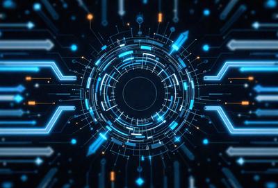 The primary subject of the image is a blue and orange digital artwork featuring a circular design with a blue center. The setting is a dark background, and the visual style is a combination of digital art and illustration. The dominant colors are blue and orange, creating a vibrant and energetic atmosphere.