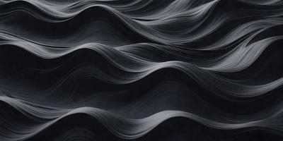 The primary subject of the image is a black and white wave pattern. The setting is a black background, which creates a striking contrast with the wave pattern. The visual style is a combination of a photo and a drawing, giving the image a unique and artistic appearance. The dominant colors are black and white, with the wave pattern being the main focus of the image. The overall atmosphere is one of depth and intricacy, as the wave pattern is depicted in a detailed and visually appealing manner.
