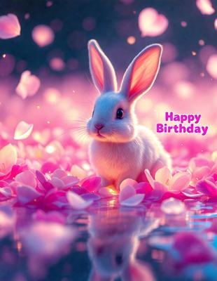 The primary subject of the image is a small white rabbit sitting in a field of pink flowers. The setting is a beautiful, colorful environment with a pink background. The visual style is a combination of photo and digital art, creating a vibrant and lively scene. The dominant colors are pink and white, giving the image a warm and cheerful atmosphere.