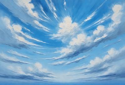 The primary subject of the image is a painting of a cloudy blue sky with white clouds. The setting is a blue sky with clouds, and the visual style is a painting. The dominant colors are blue and white, creating a calm and serene atmosphere.