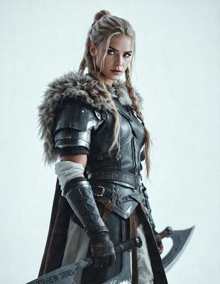 The primary subject of the image is a woman dressed in medieval armor, holding a sword. She is wearing a black and white outfit, and her hair is braided. The setting is a white background, which provides a clean and minimalist look to the image. The visual style is a combination of digital art and illustration, creating a detailed and realistic representation of the woman and her armor. The colors and mood of the image are predominantly dark, with the woman's outfit and the sword being the