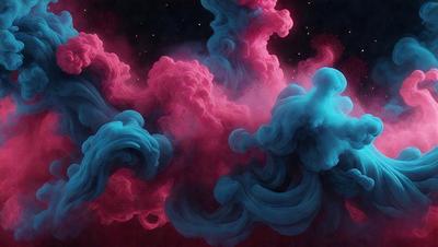 The primary subject of the image is a large, swirling cloud of pink and blue colors. The cloud is surrounded by a dark, star-filled sky. The visual style of the image is a digital art or illustration, with the cloud appearing to be a swirling mass of colorful smoke. The dominant colors in the image are pink and blue, creating a vibrant and lively atmosphere.